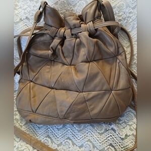 Vintage Patchwork Leather Drawstring Crossbody Shoulder Bag Made In Italy